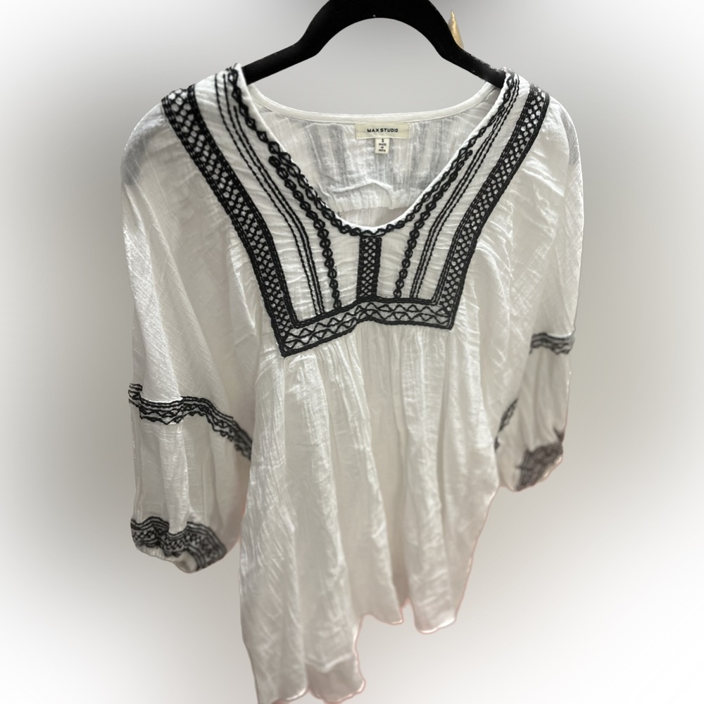 Max Studio Embroidered Peasant Boho 100% Cool Cotton White/Blk Tag M-Fit…